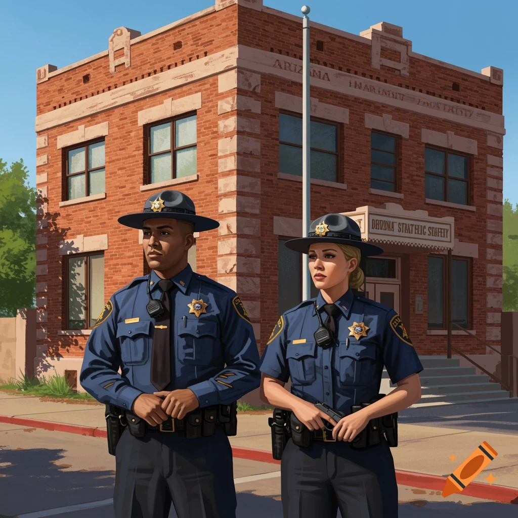 Two uniformed police officers, a man and a woman, stand in front of a brick building on a sunny day in a photorealistic style.