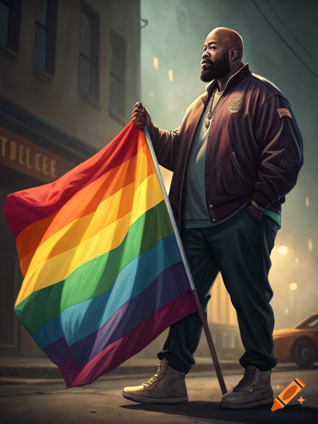 A bald, bearded man in a jacket holds a rainbow pride flag on a city street at dusk, with buildings in the background.