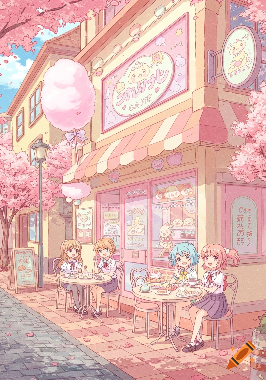 Four anime girls sit outside a pink cafe under cherry blossoms, with a giant cotton candy on a stick.