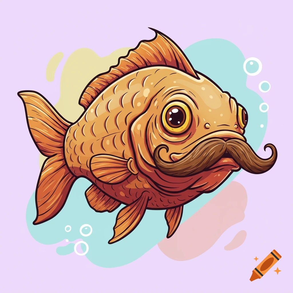 A whimsical cartoon goldfish with a large brown mustache floats against a pastel background with abstract shapes and bubbles.
