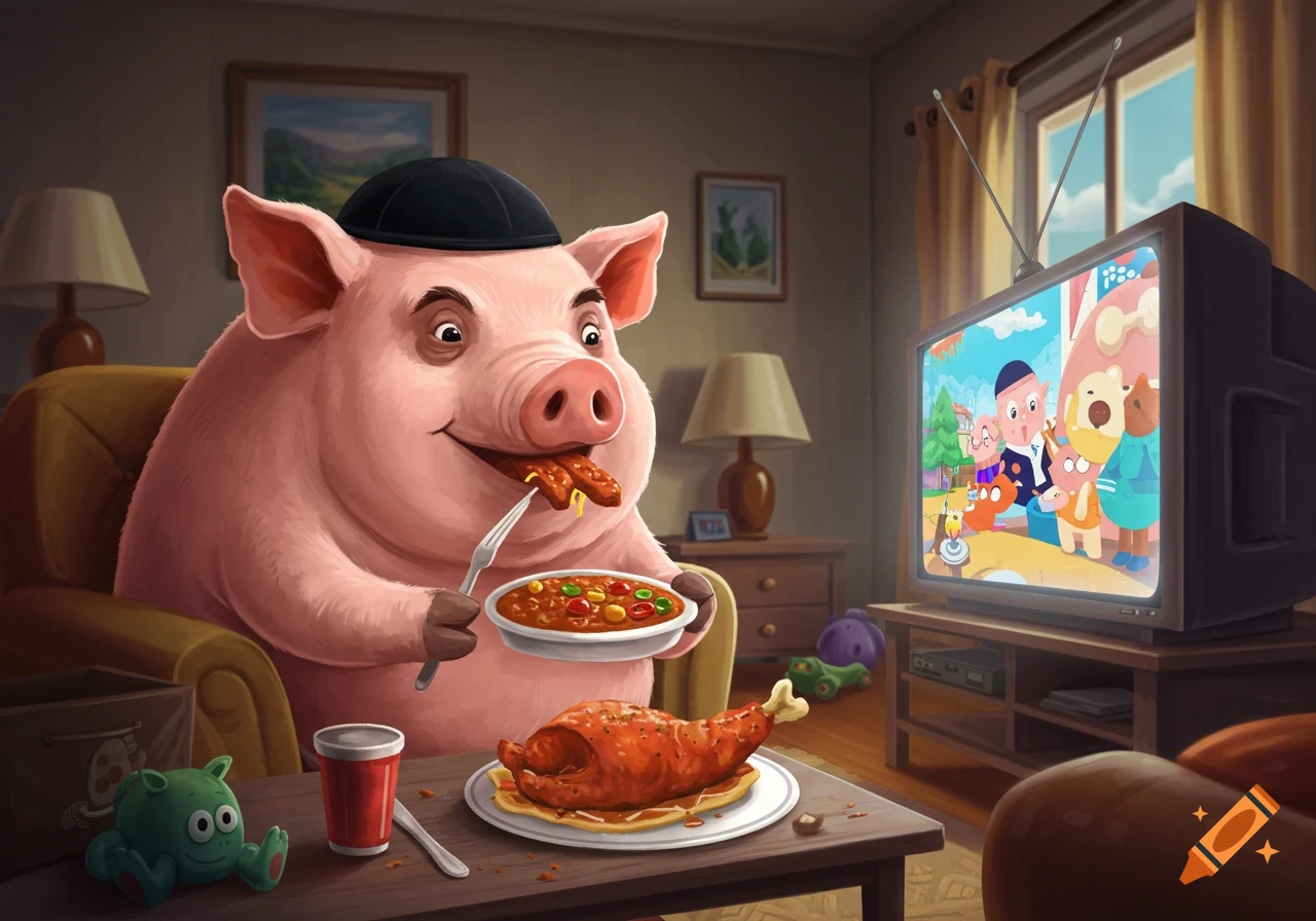 A cartoon pig wearing a yarmulke sits in an armchair, eating from a bowl with a fork while watching a cartoon on a television set.