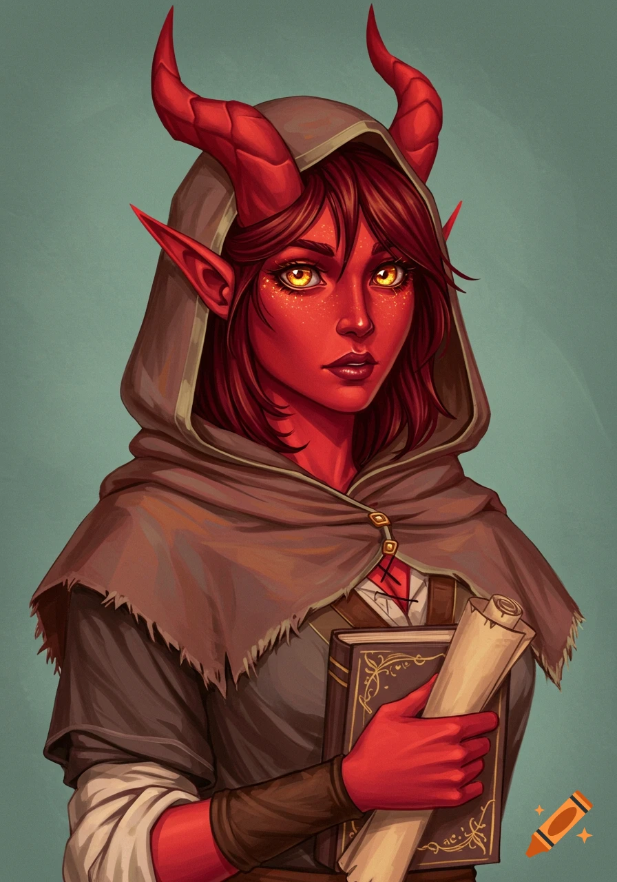 Red-skinned female tiefling wizard with horns and amber eyes in a hooded cloak, holding a book and scroll, D&D character portrait.