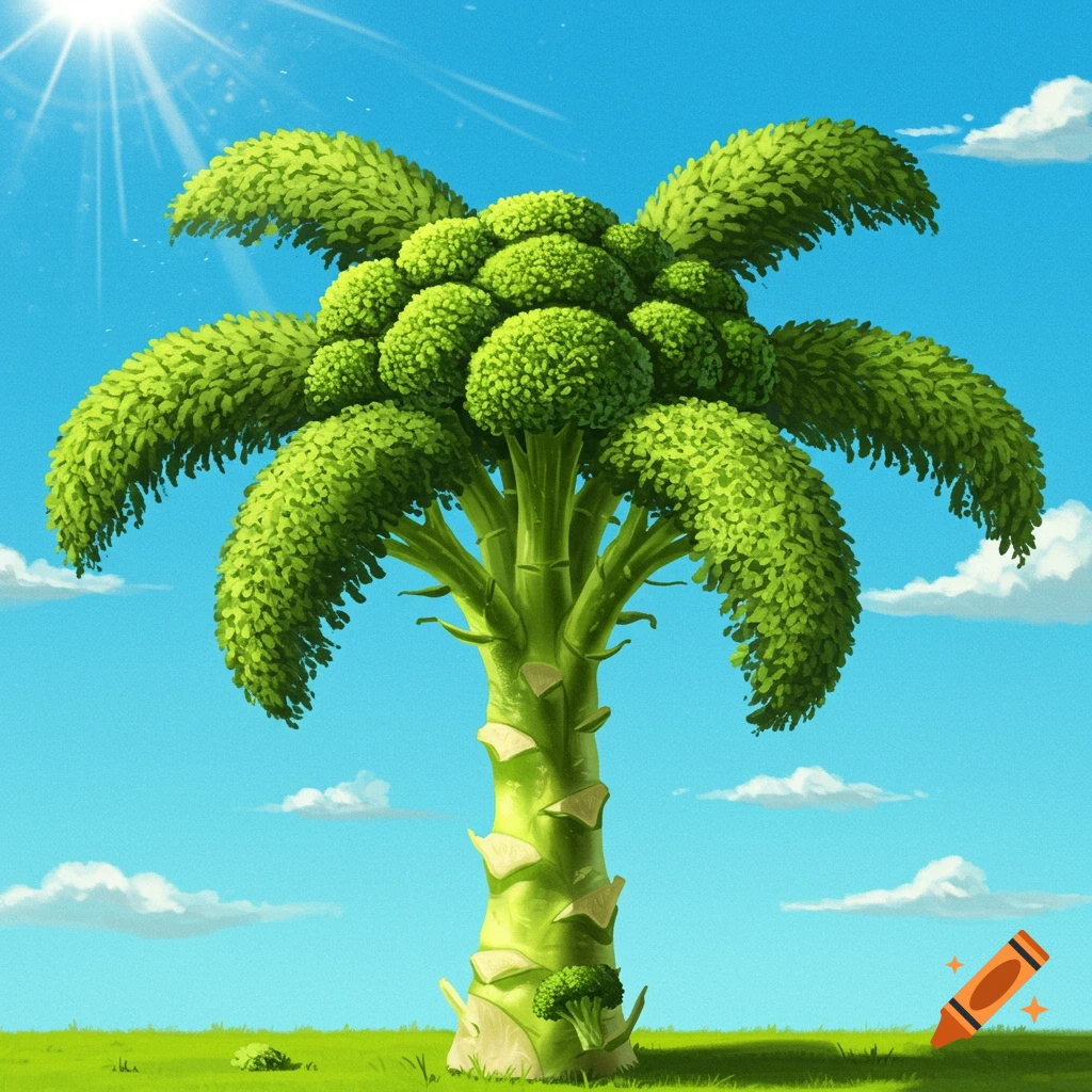 A whimsical illustration of a palm tree made entirely of broccoli, standing in a green field under a sunny blue sky.