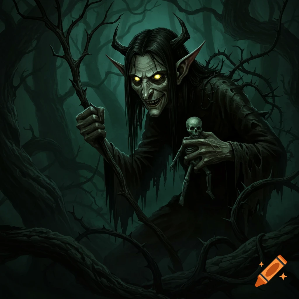 A sinister, horned elf-like creature with glowing eyes and long dark hair, holding a small skeleton and a thorny branch in a dark forest. Dark fantasy illustration style.