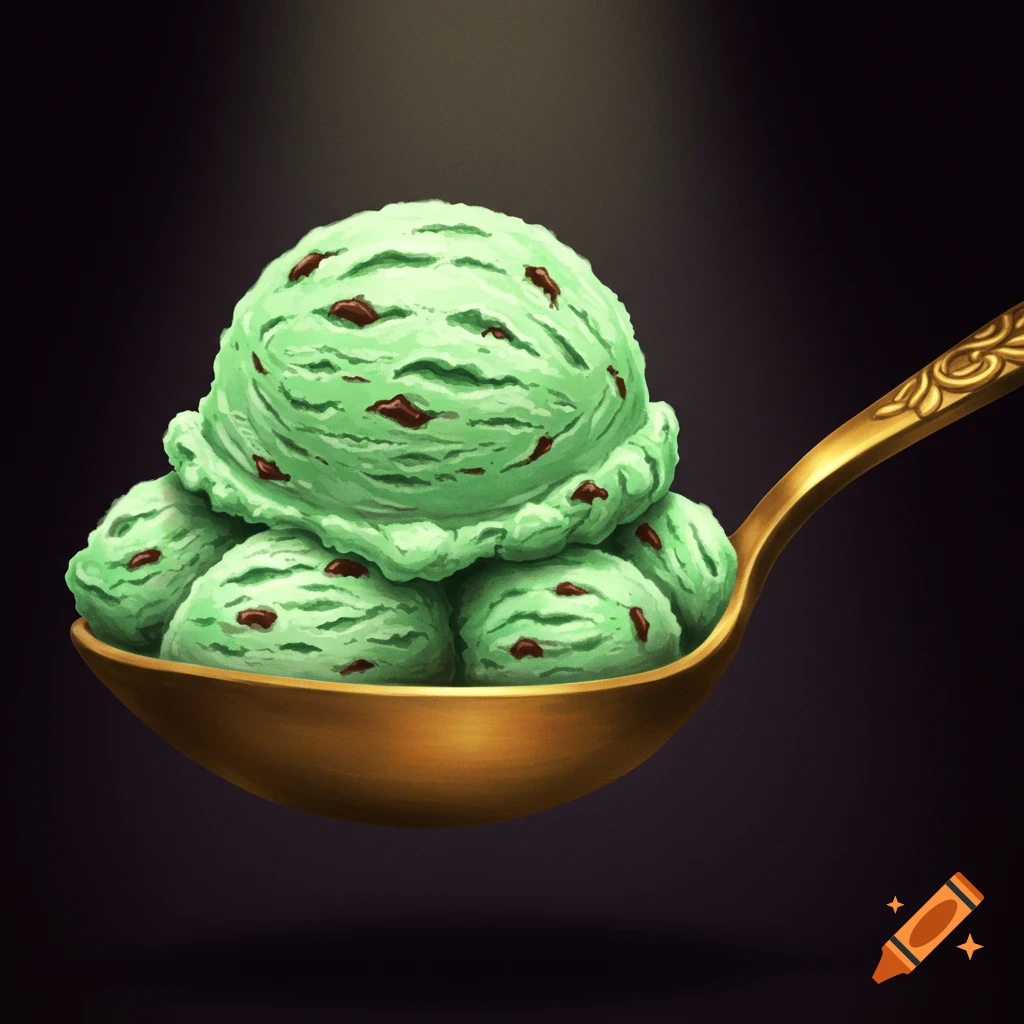 Scoops of mint chocolate chip ice cream with chocolate bits on a golden spoon against a dark background, in a stylized illustration.