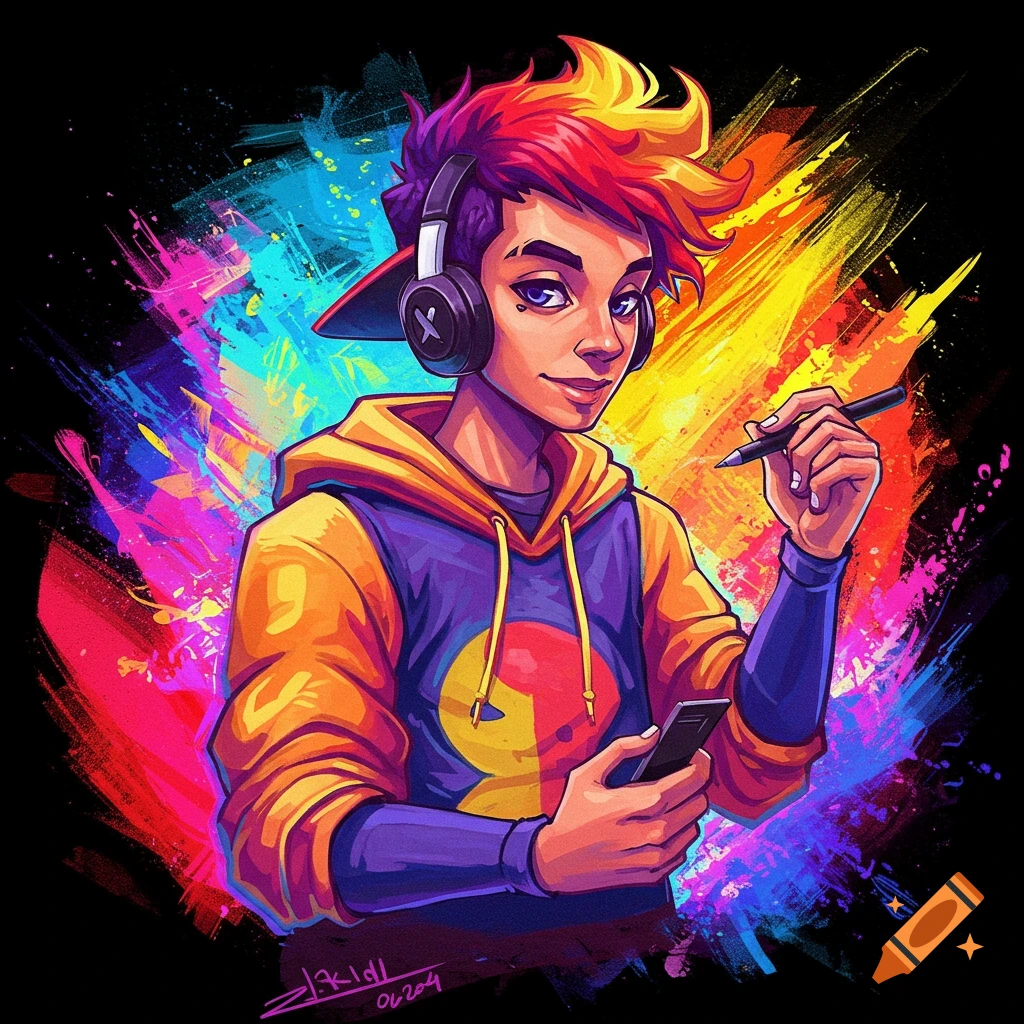 Anime-style character with colorful hair and headphones, holding a phone and stylus, against a vibrant, splattered background.