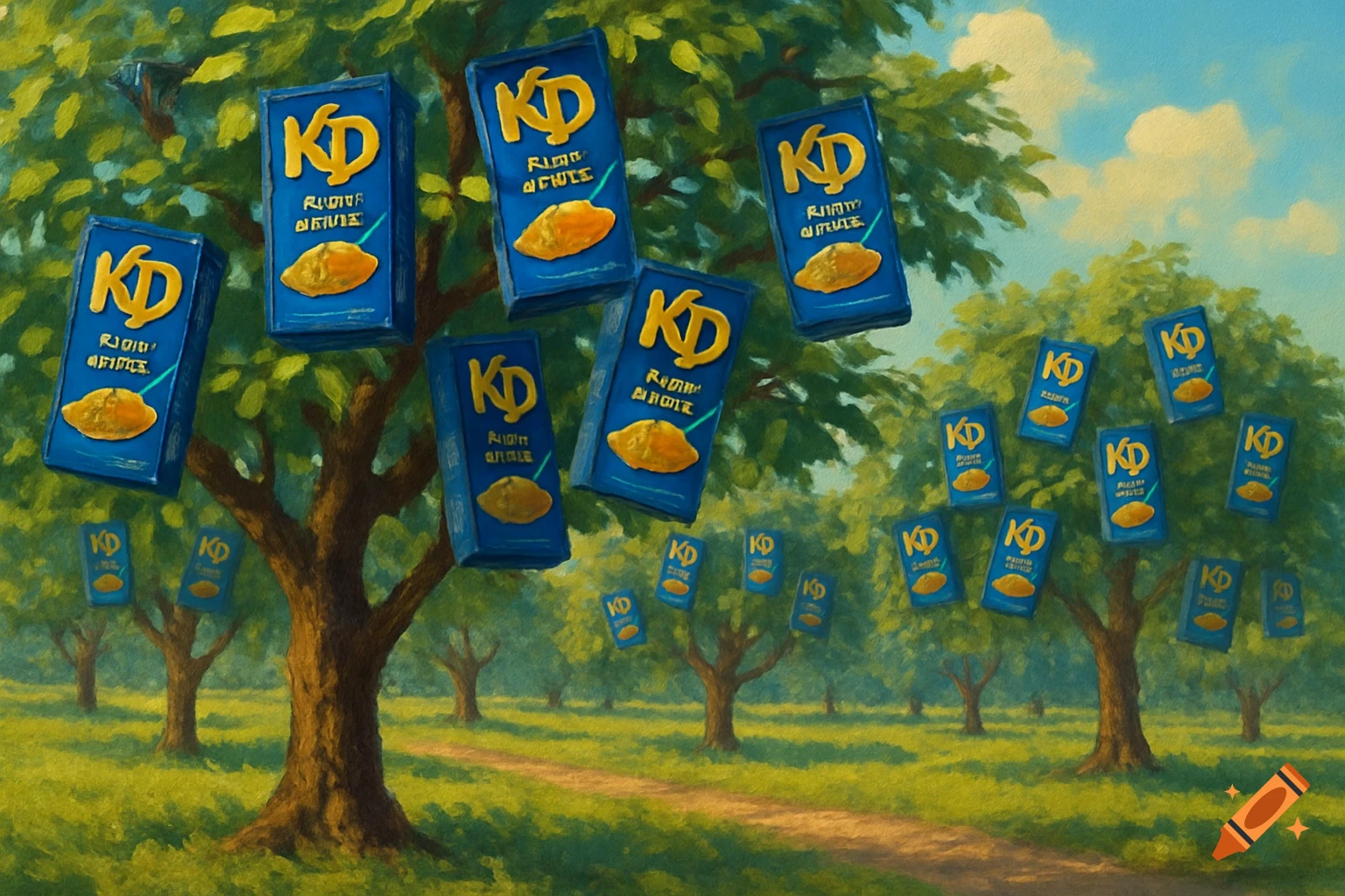 An orchard with trees growing blue boxes of Kraft Dinner instead of fruit.