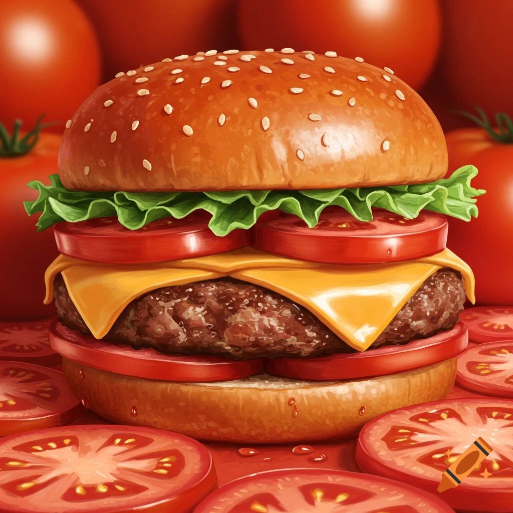 A vibrant, stylized burger with all its ingredients, including the bun, patty, cheese, and lettuce, appearing to be made of tomatoes, surrounded by tomato slices.