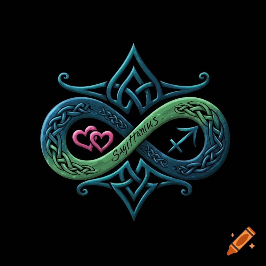 A blue and green Celtic knot infinity symbol with two pink hearts and a Sagittarius symbol, with the word 'Sagittarius' written on it.