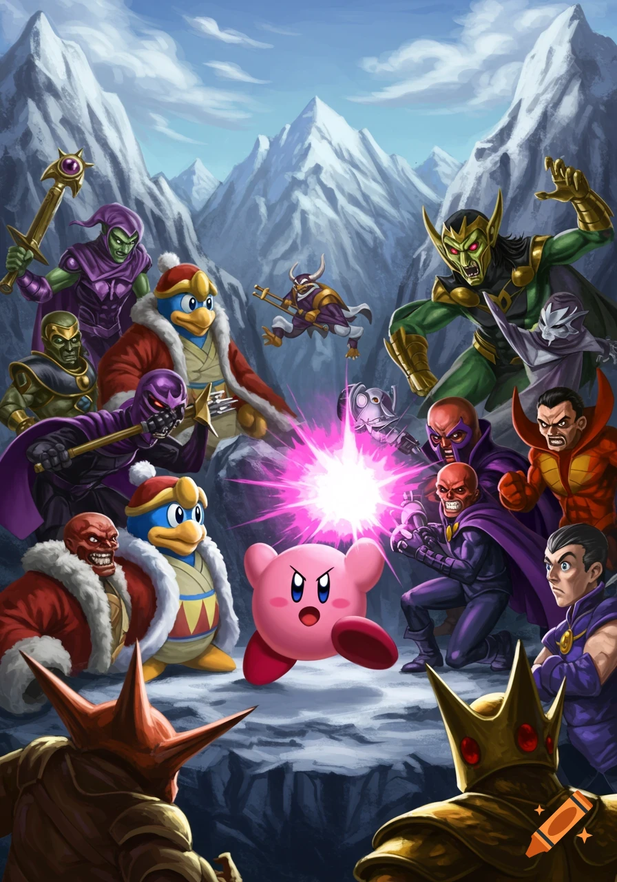 Kirby blasts pink energy at a group of comic villains, including King Dedede, Green Goblin, and Loki, in a snowy mountain setting.