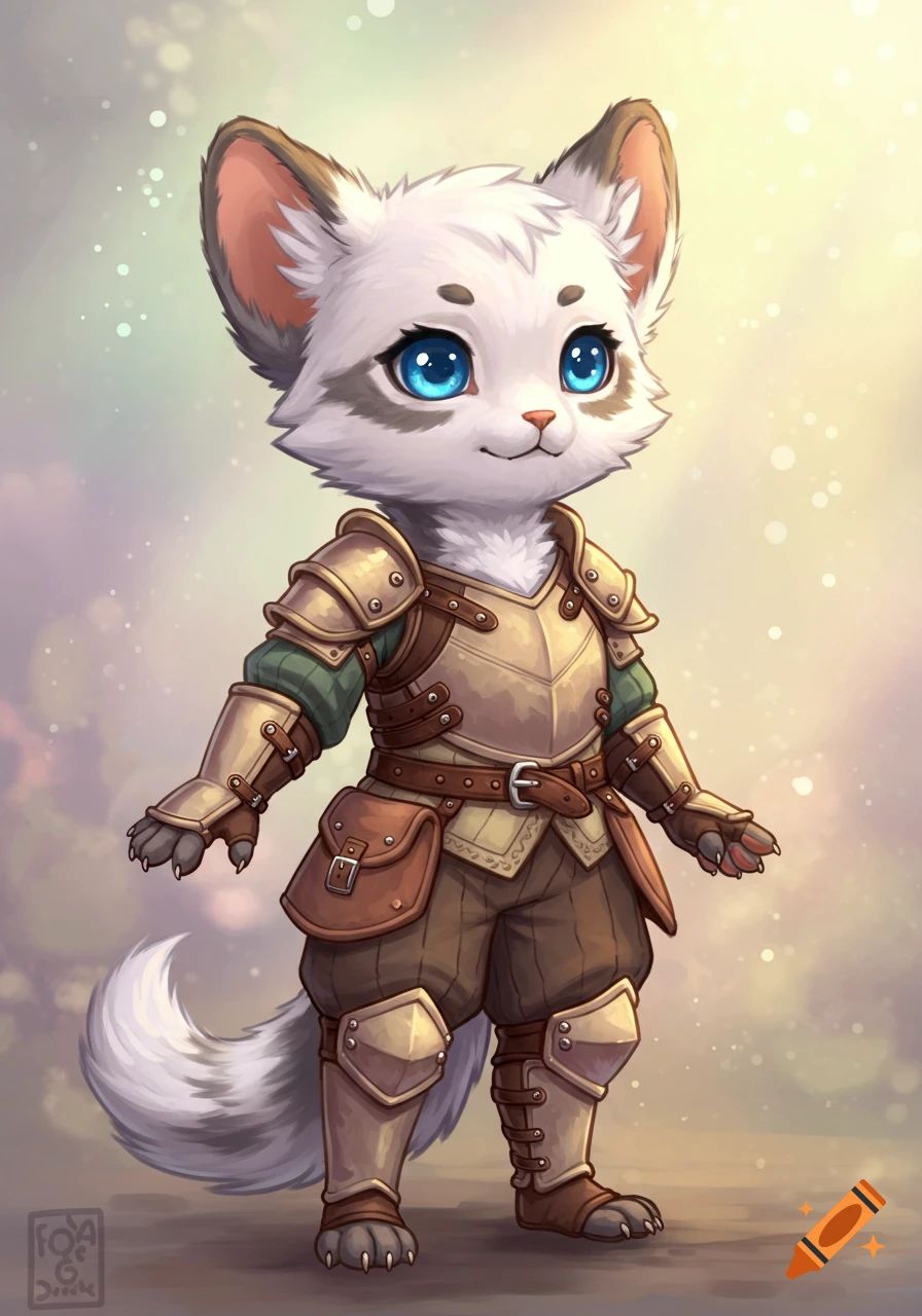 A cute white and gray tabaxi girl with blue eyes wearing ornate leather and plate armor.