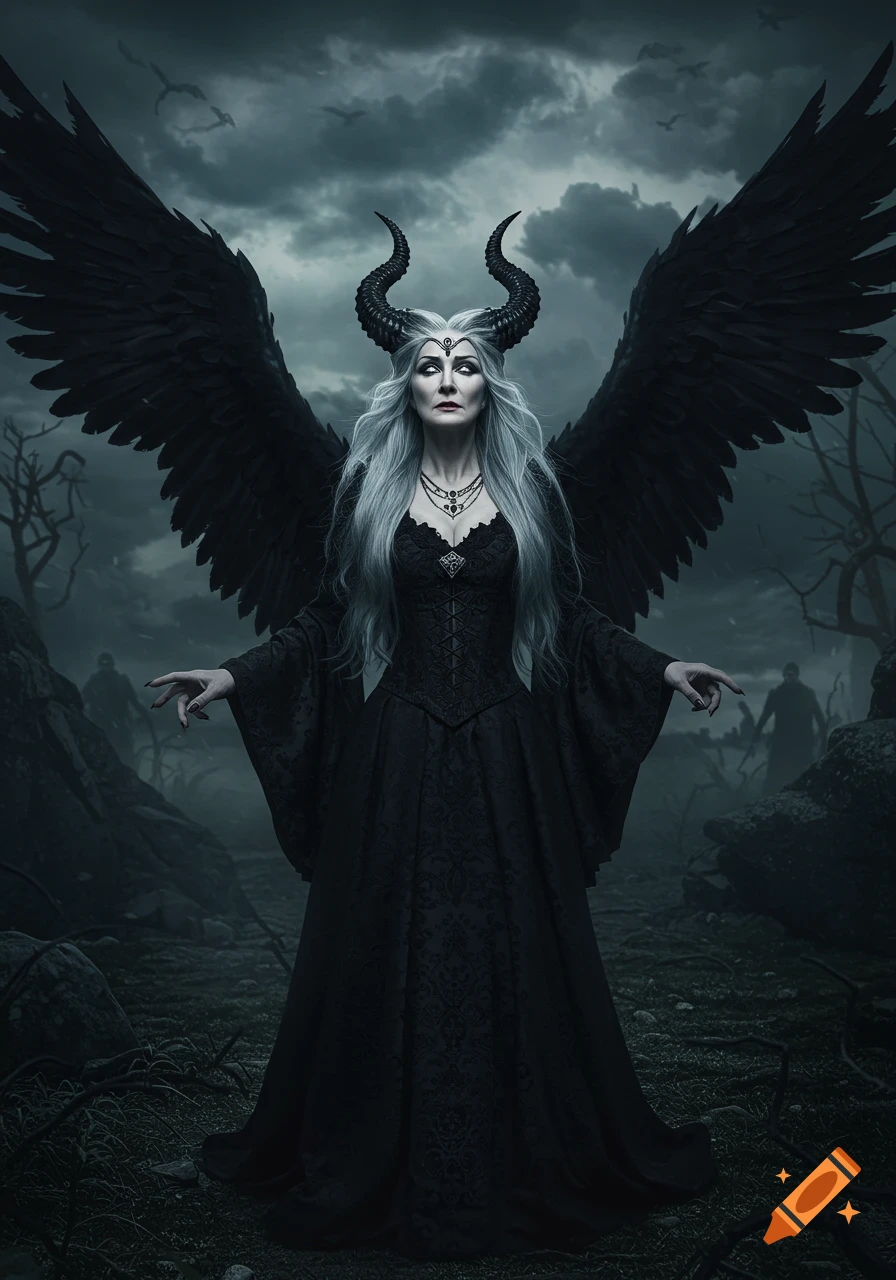 A regal, eerie mature demon woman with black wings, curved horns, and long white hair, wearing a black gothic gown, stands in a dark fantasy landscape.