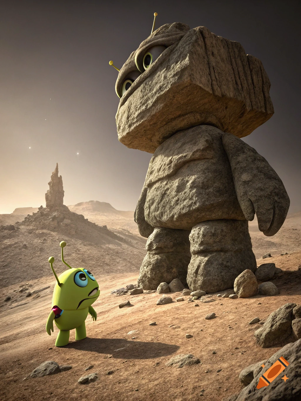 A large rock creature stares down at a small green alien on a desolate, rocky planet.