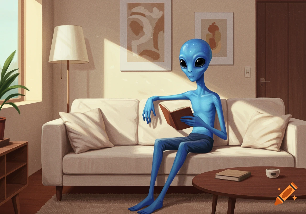 A slender blue alien sits on a white sofa in a sunlit lounge room, reading a book.