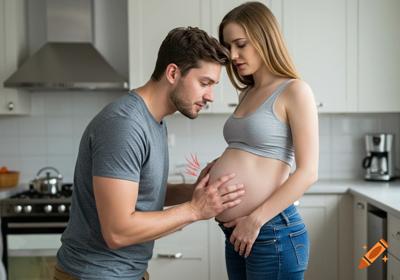 A man gently touches the visibly pregnant belly of a woman in a bright kitchen, both looking down at her stomach.