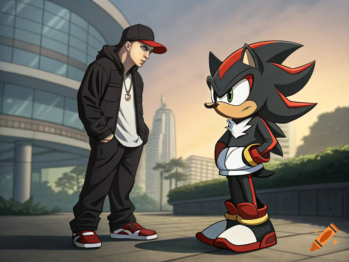 Shadow the Hedgehog faces a man resembling Eminem in an urban animated scene.
