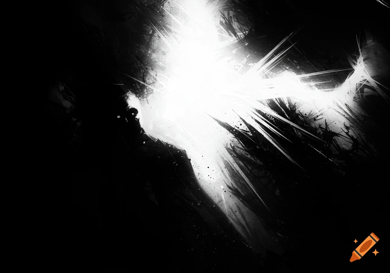 High-contrast black and white abstract image with a bright, jagged light burst emanating from darkness, like an explosion.