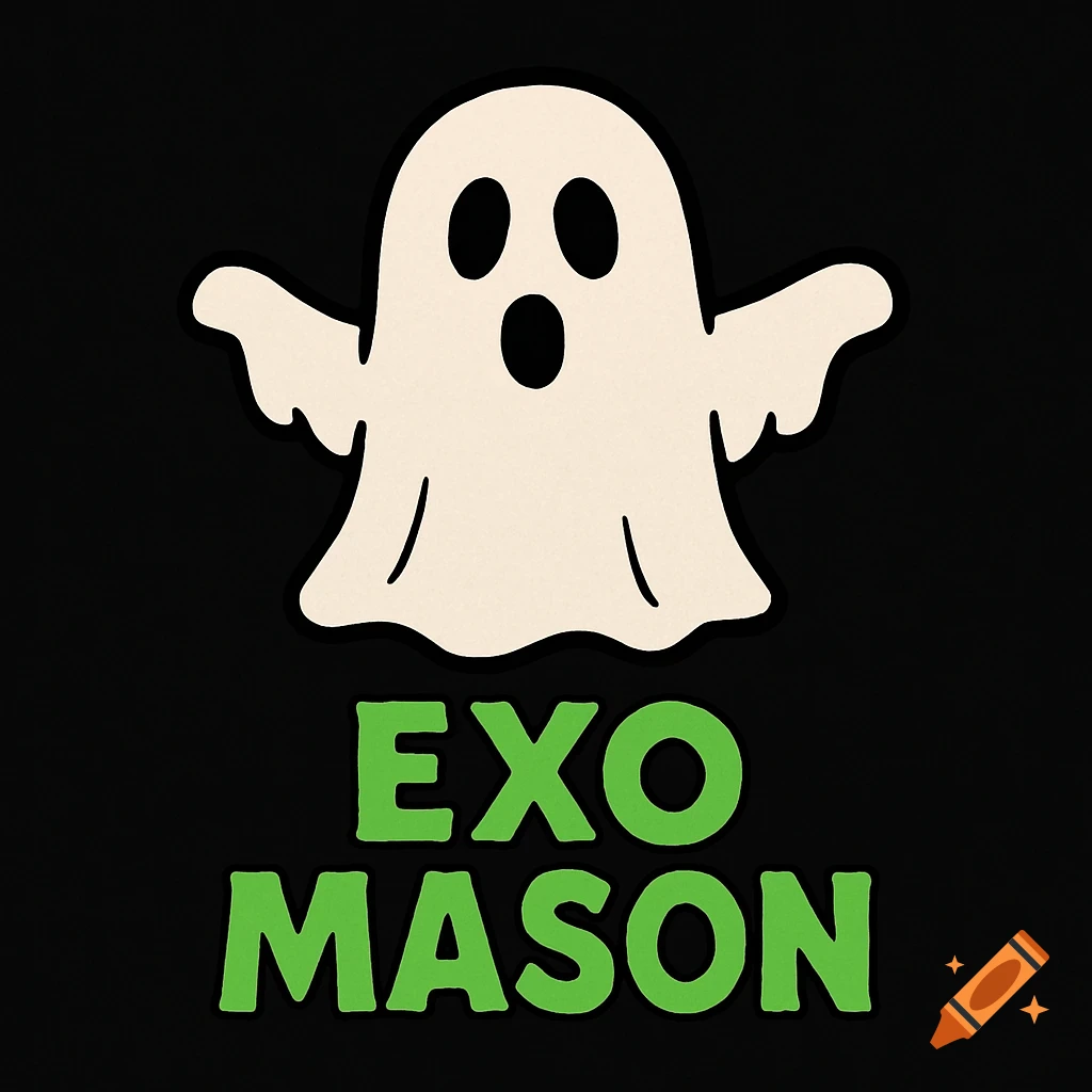 A cartoon white ghost with black eyes and an open mouth is centered above green text that reads "EXO MASON" on a solid black background.