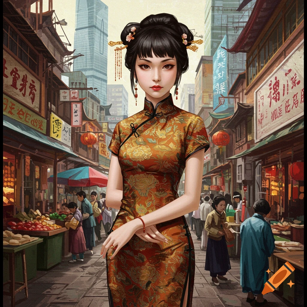 A woman in a gold and red cheongsam stands in a bustling Chinese street market with traditional buildings and a modern skyscraper.