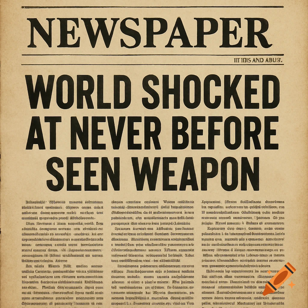 A close-up view of an old newspaper with the headline "WORLD SHOCKED AT NEVER BEFORE SEEN WEAPON" and illegible article text below.