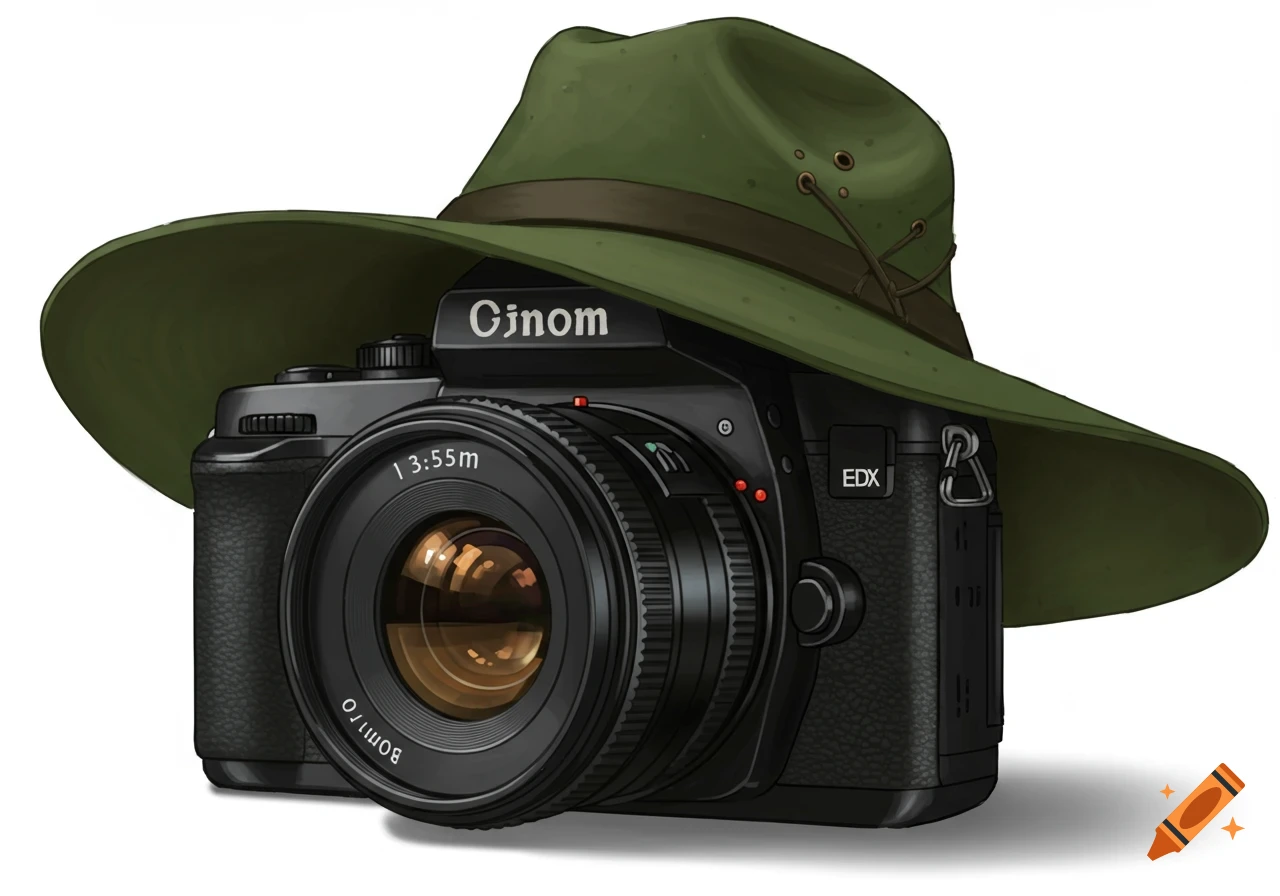 A black DSLR camera with a large lens wears a green adventurer hat, set against a white background in a detailed illustration.