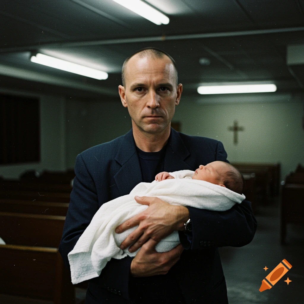 A bald man in a dark suit holds a swaddled newborn baby in a dimly lit room with a cross on the wall, captured in a vintage photo style.