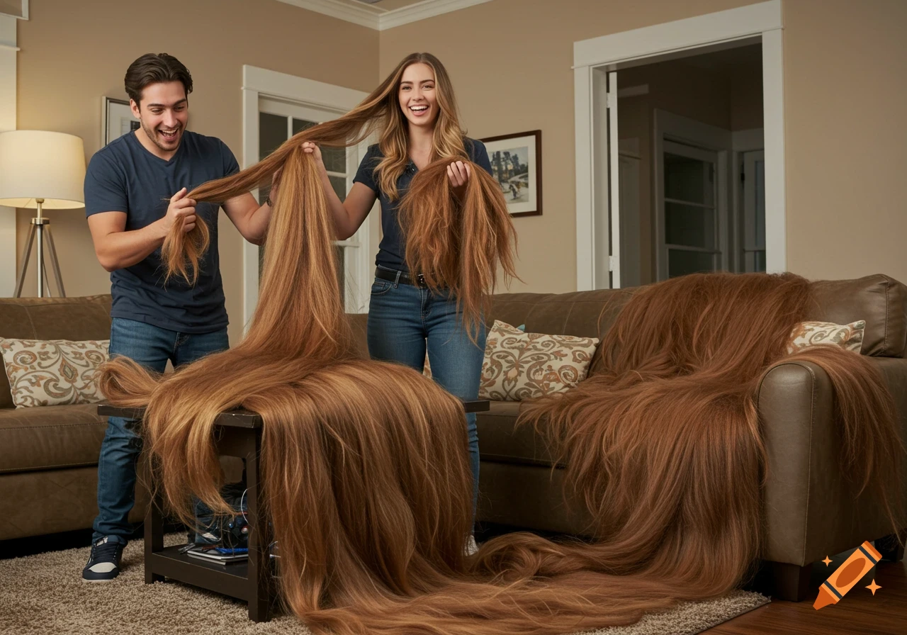 A smiling man and woman in a living room hold piles of exceptionally long brown hair that covers a couch and coffee table.