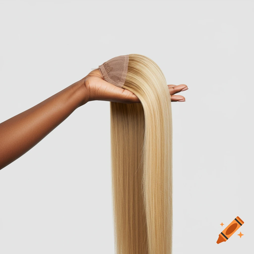 A Black woman's hand holds a long, straight blonde wig with a lace front against a light background.