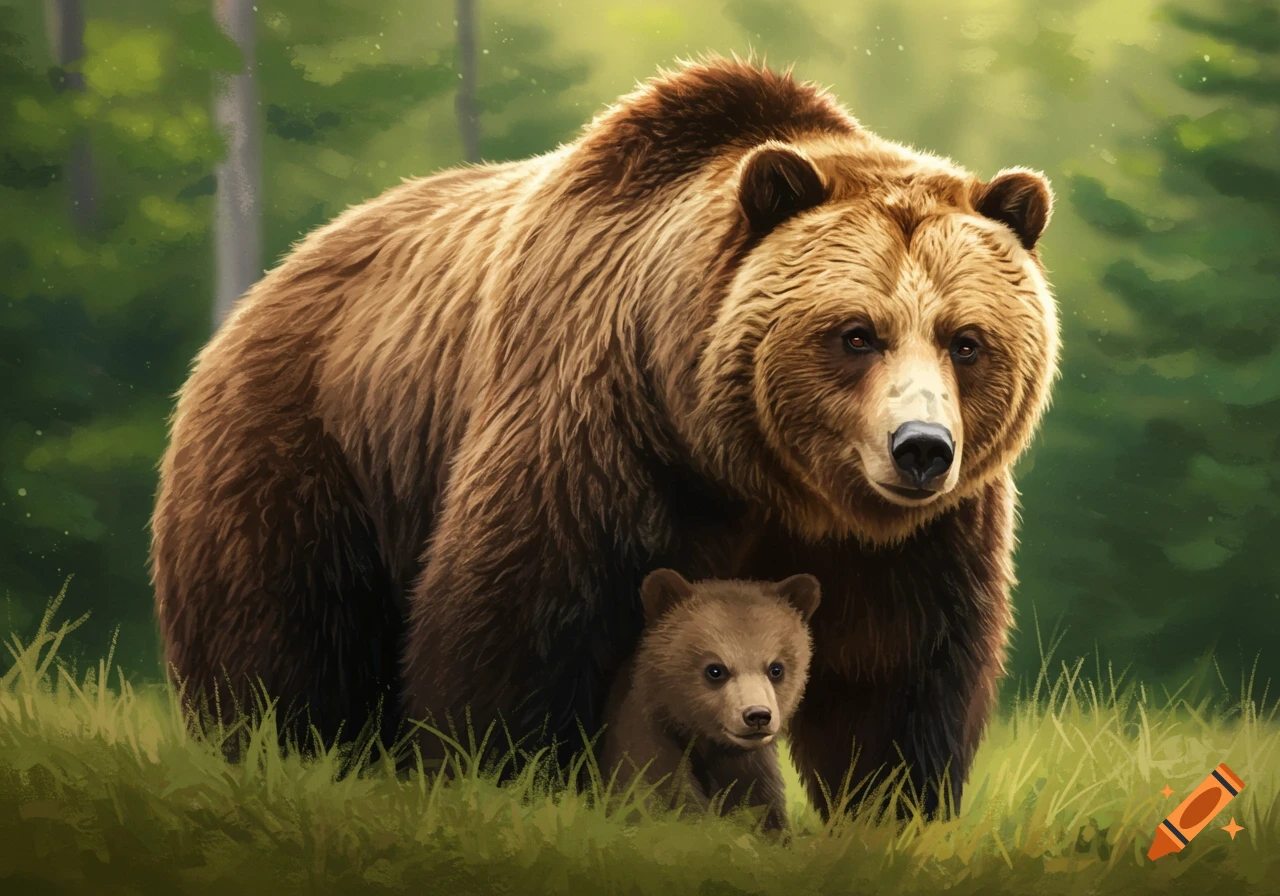 A large grizzly bear stands with its cub in a grassy forest clearing.