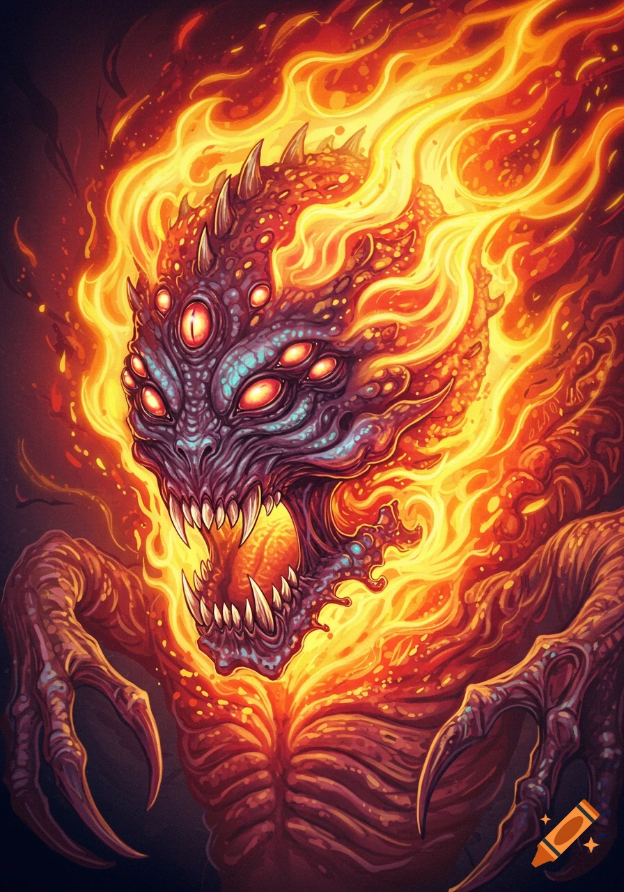 A vibrant illustration of a fiery alien monster with multiple glowing eyes and sharp teeth, engulfed in orange and yellow flames.