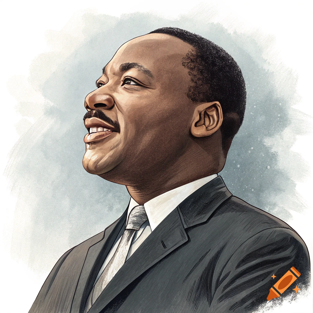 Stylized illustration of Martin Luther King Jr. looking up and smiling, against a watercolor background.