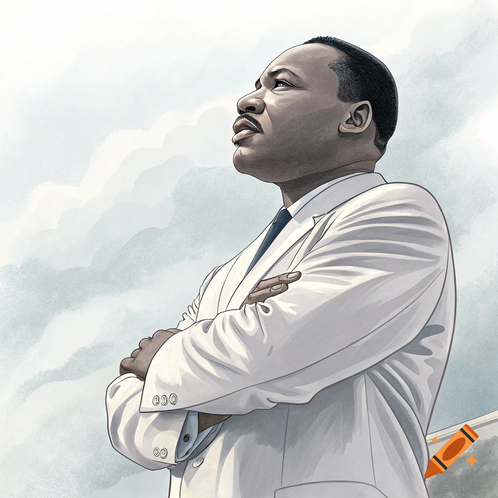 Illustration of Martin Luther King Jr. looking up, with his arms crossed, against a light cloudy sky.