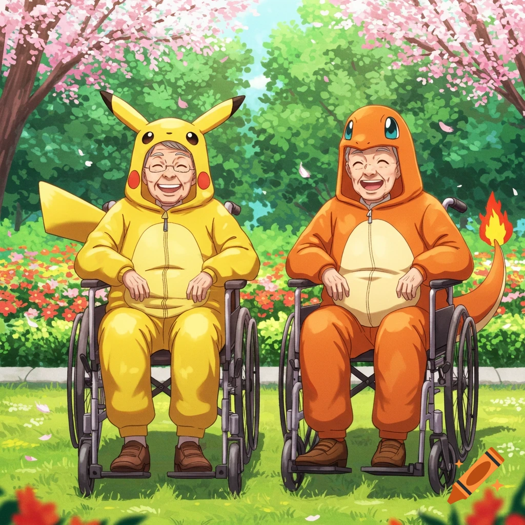 Two smiling elderly people in wheelchairs wearing Pikachu and Charmander costumes in a park with cherry blossoms.