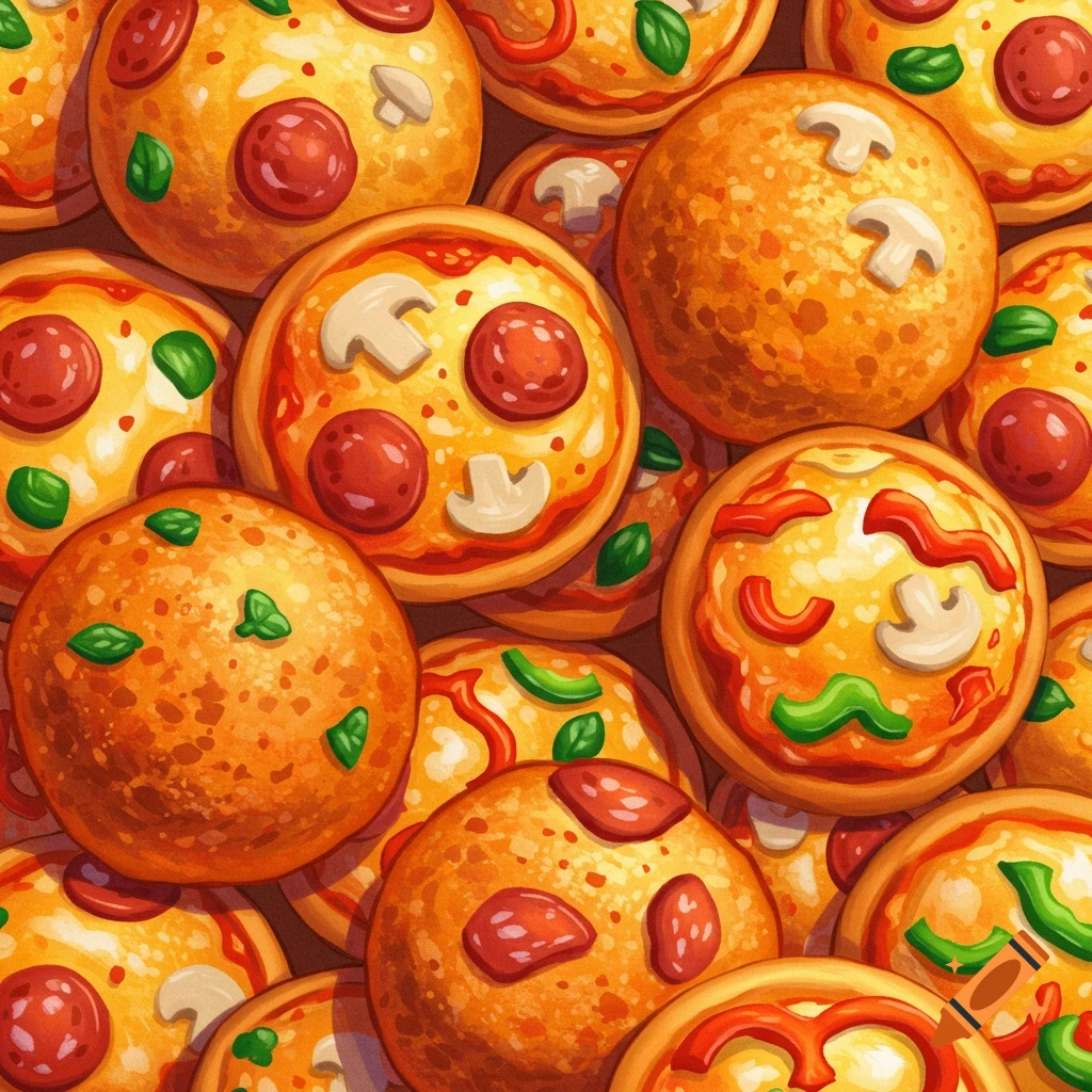 A close-up view of many round, cartoon-style pizza balls with various toppings like pepperoni, mushrooms, and basil leaves.