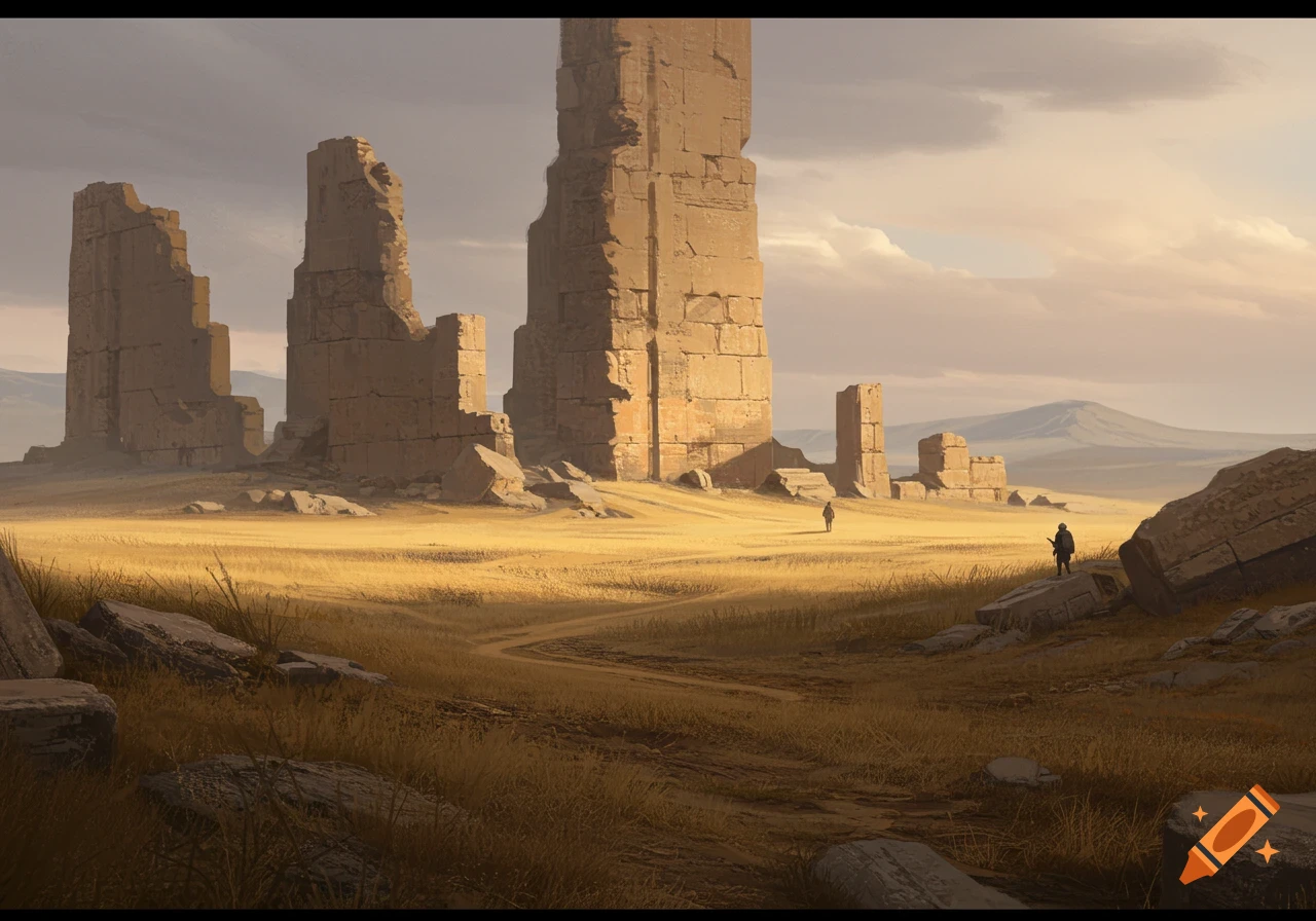 Digital painting of monumental ancient ruins in a vast, dry steppe landscape under a cloudy sky.