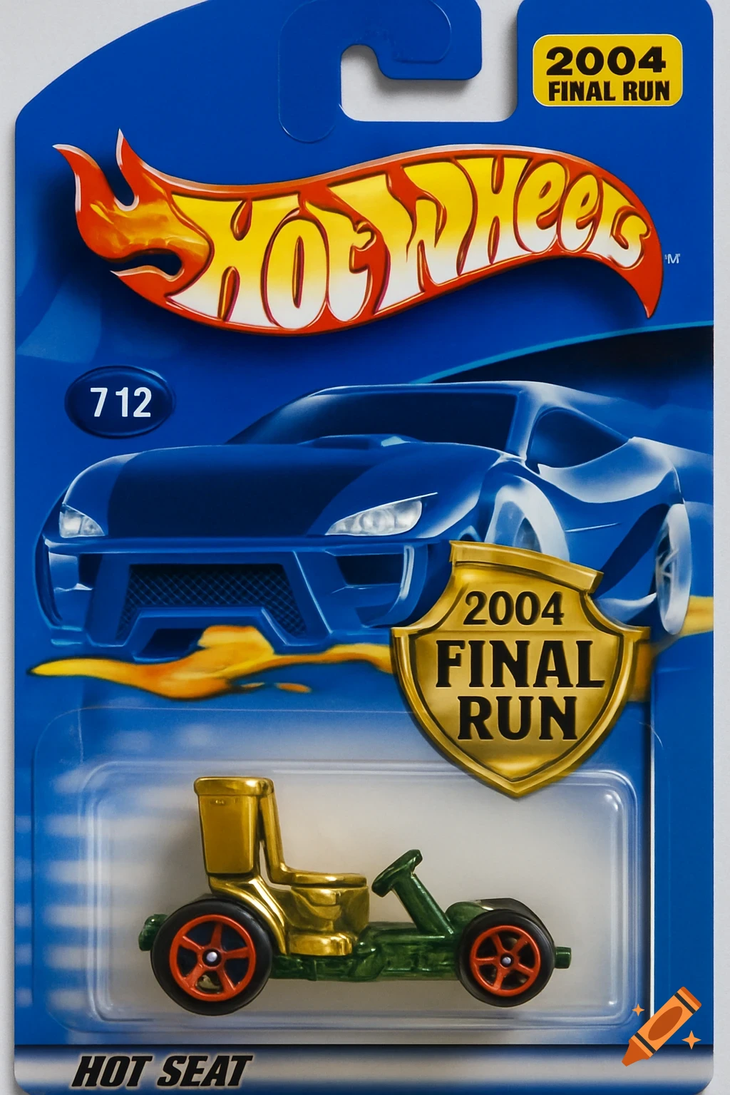 A 2004 Hot Wheels 'Hot Seat' gold toilet car in its blue and gold packaging, featuring the Hot Wheels logo and text '2004 FINAL RUN'.