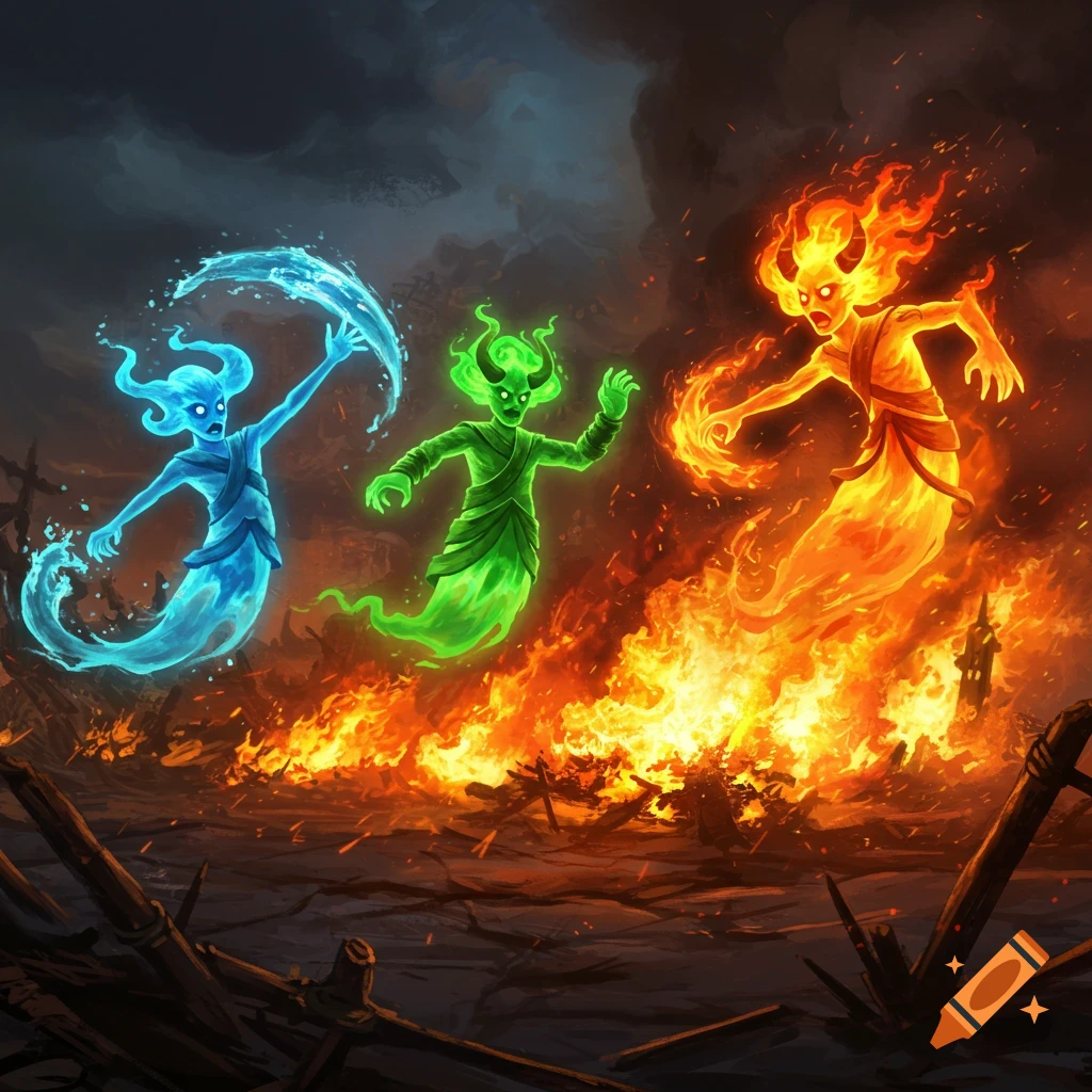 Three elemental spirits —water, green, and fire—battle across a desolate, fire-ravaged landscape.