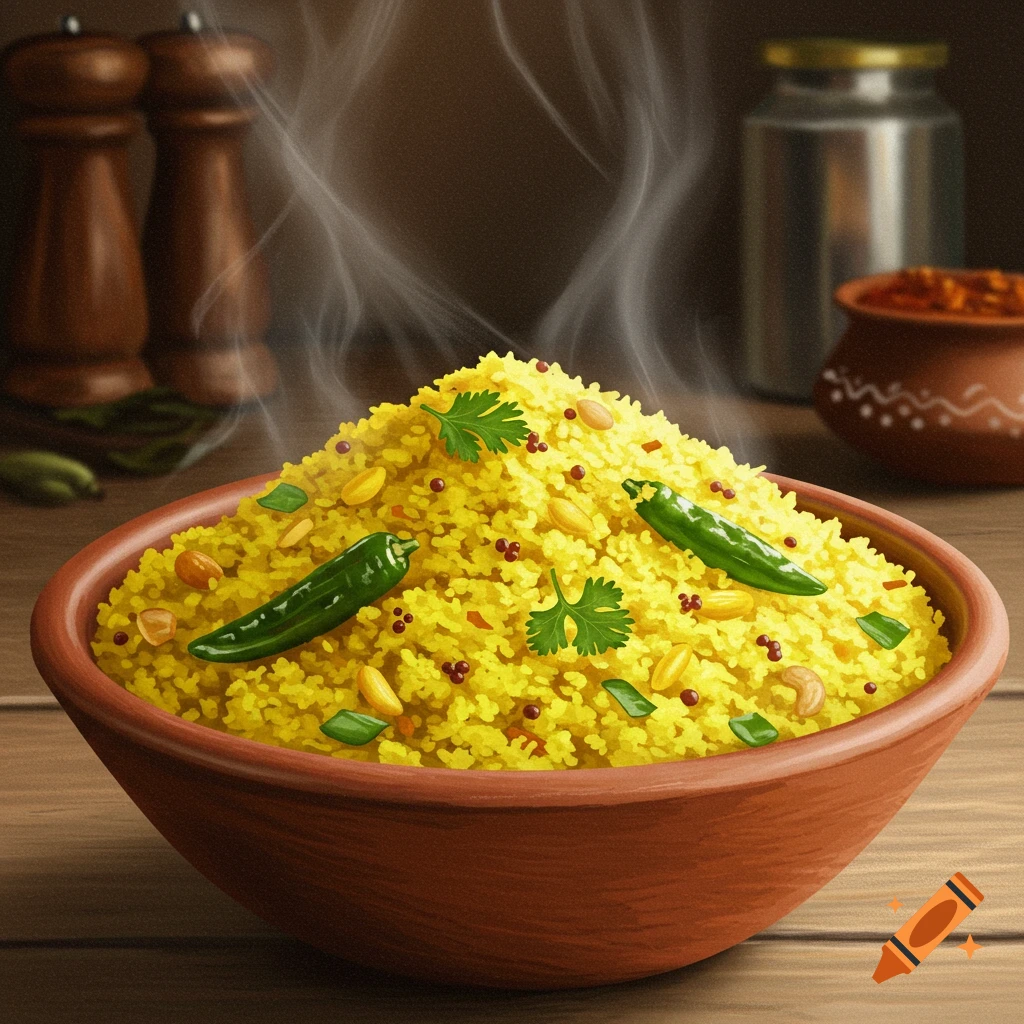 A steaming bowl of yellow Upma or Poha, garnished with green chilies, nuts, and cilantro, on a wooden table.