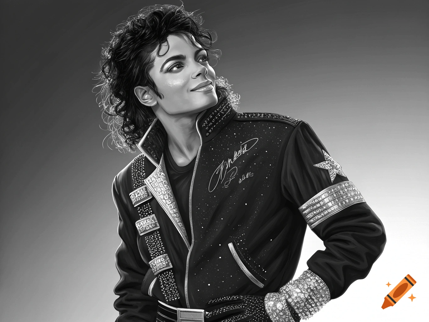 Black and white portrait illustration of Michael Jackson wearing a sparkling, embellished jacket, looking up and to the right.