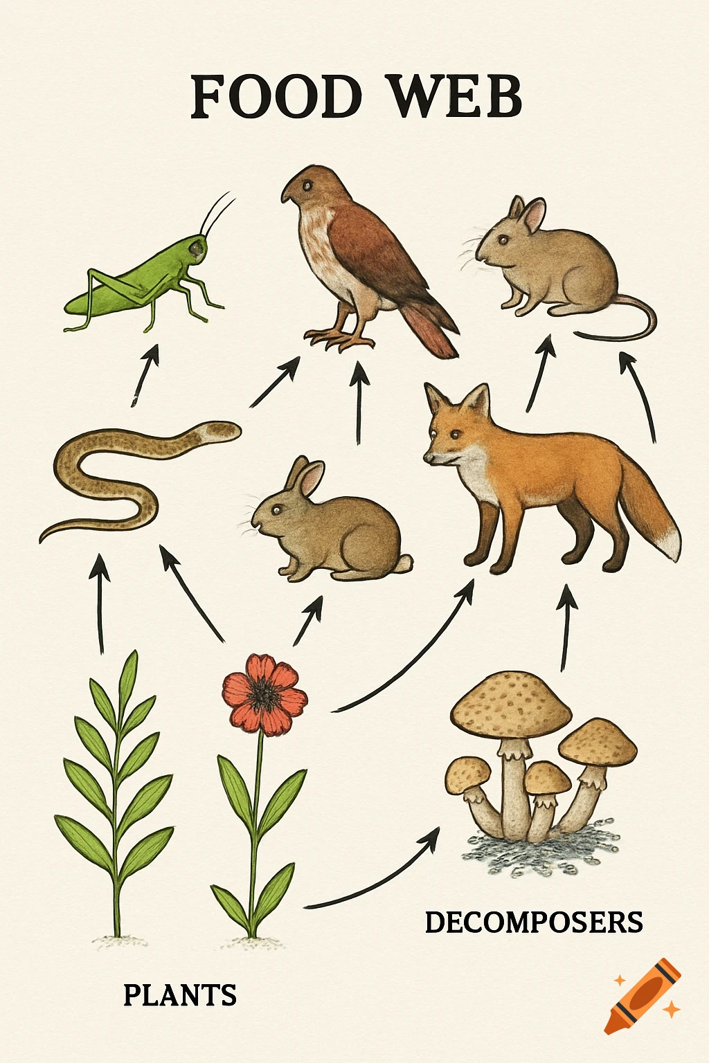 An illustrated food web diagram showing animals, plants, and decomposers with connecting arrows.