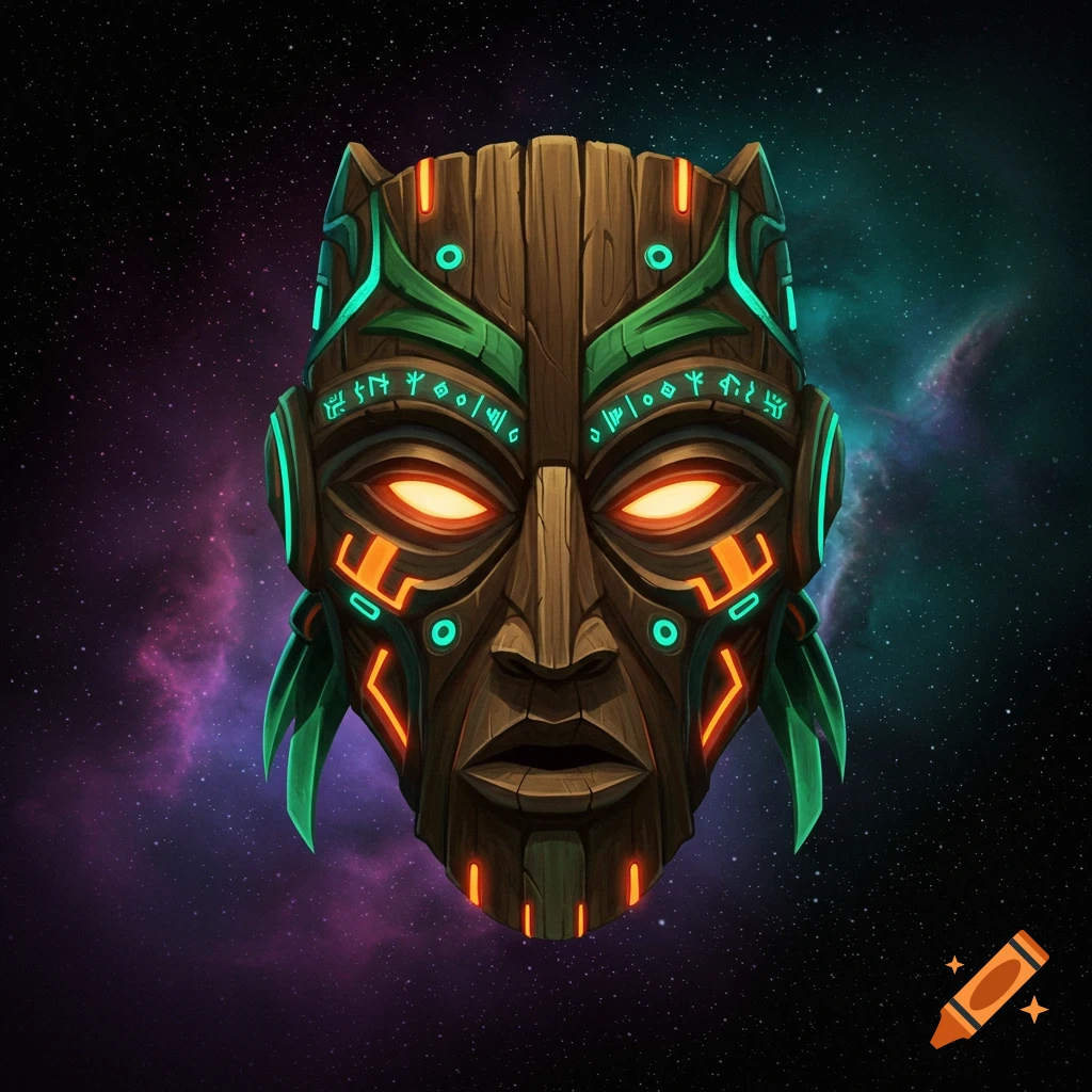 A carved wooden tribal mask with glowing sci-fi elements set against a vibrant cosmic background.