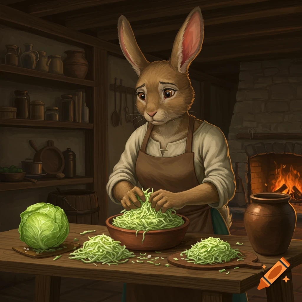 A detailed illustration of an anthropomorphic rabbit in a rustic kitchen, carefully shredding cabbage into a bowl. A whole cabbage sits on the wooden table.