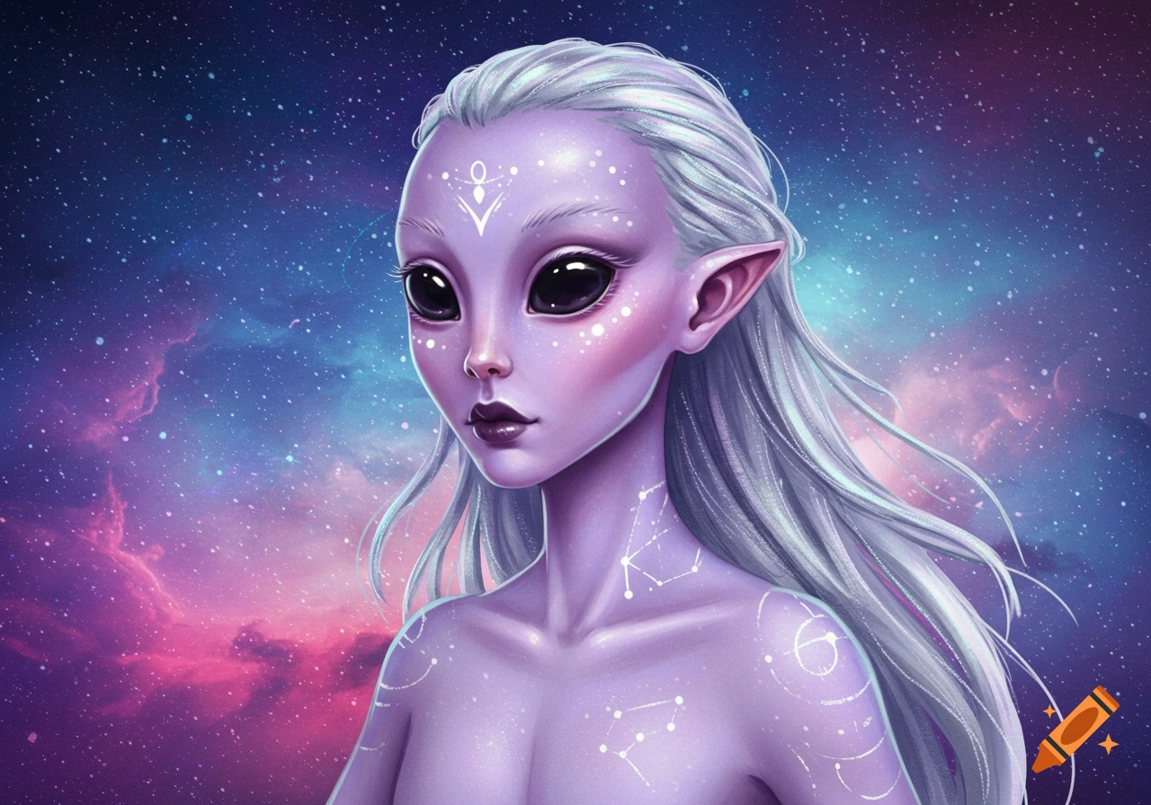 A purple-skinned alien woman with large black eyes, pointed ears, and glowing constellation patterns on her body against a starry galaxy.