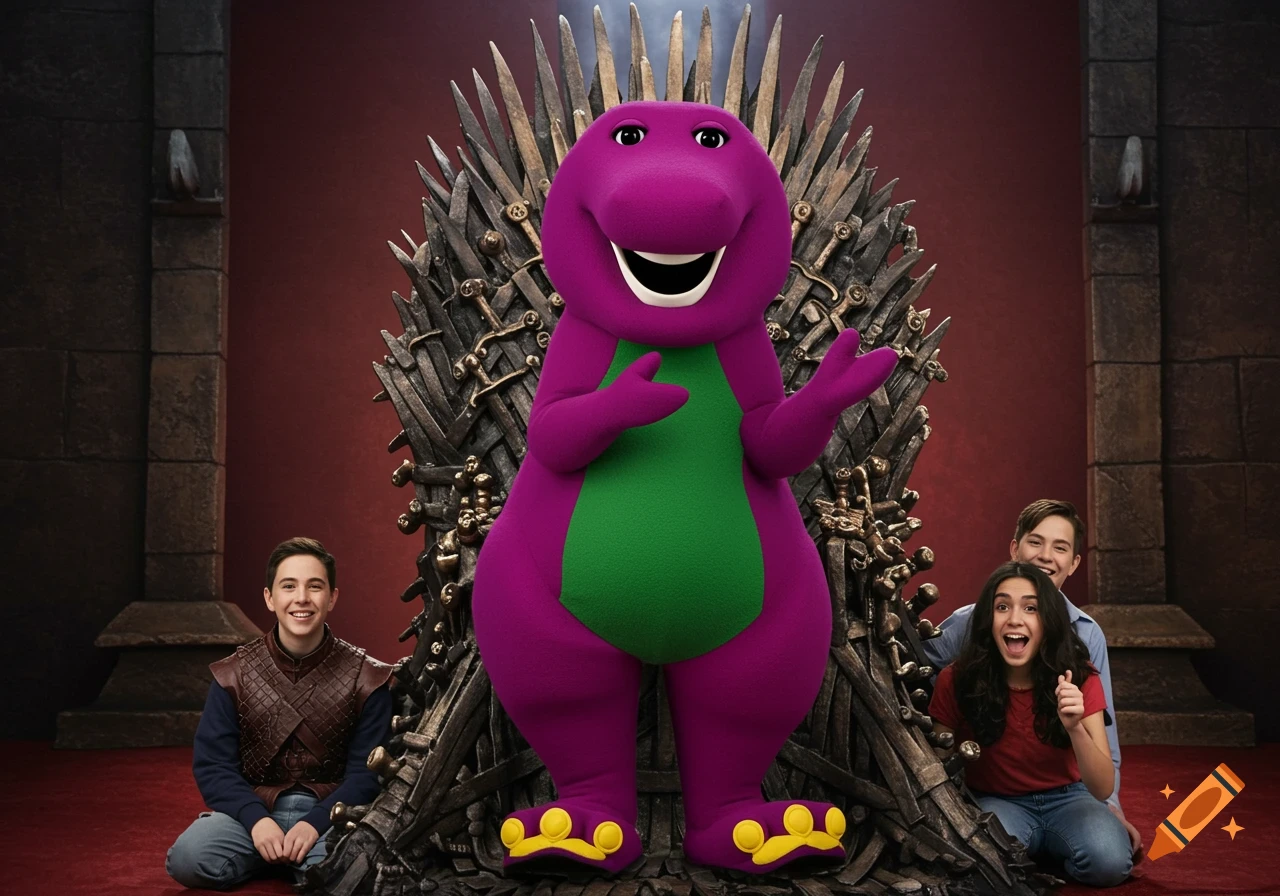 Barney the purple dinosaur sits on the Iron Throne from Game of Thrones, flanked by three smiling children.