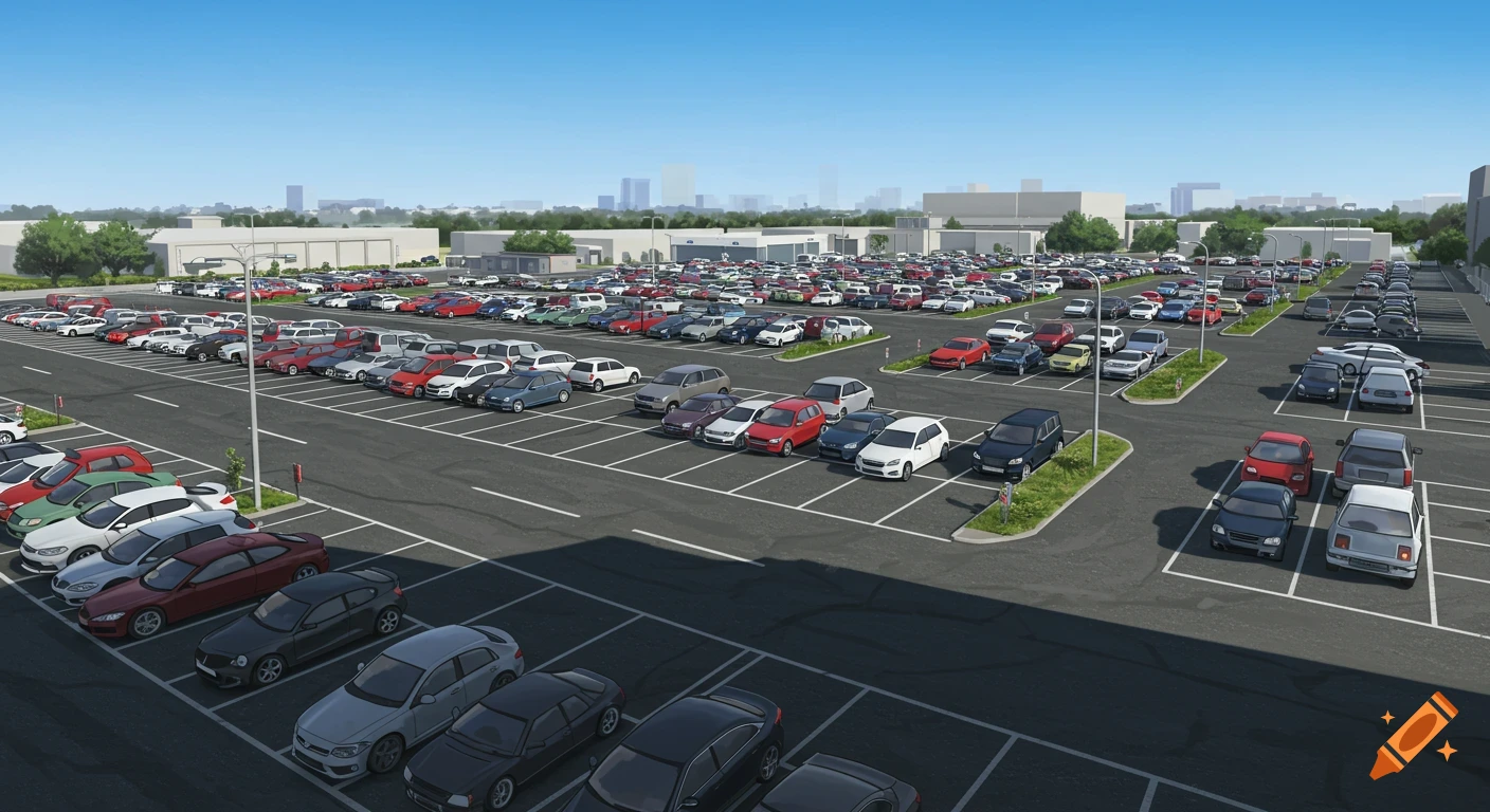 An aerial view of a large, open parking lot filled with many cars of different colors, with buildings and a clear sky in the background.