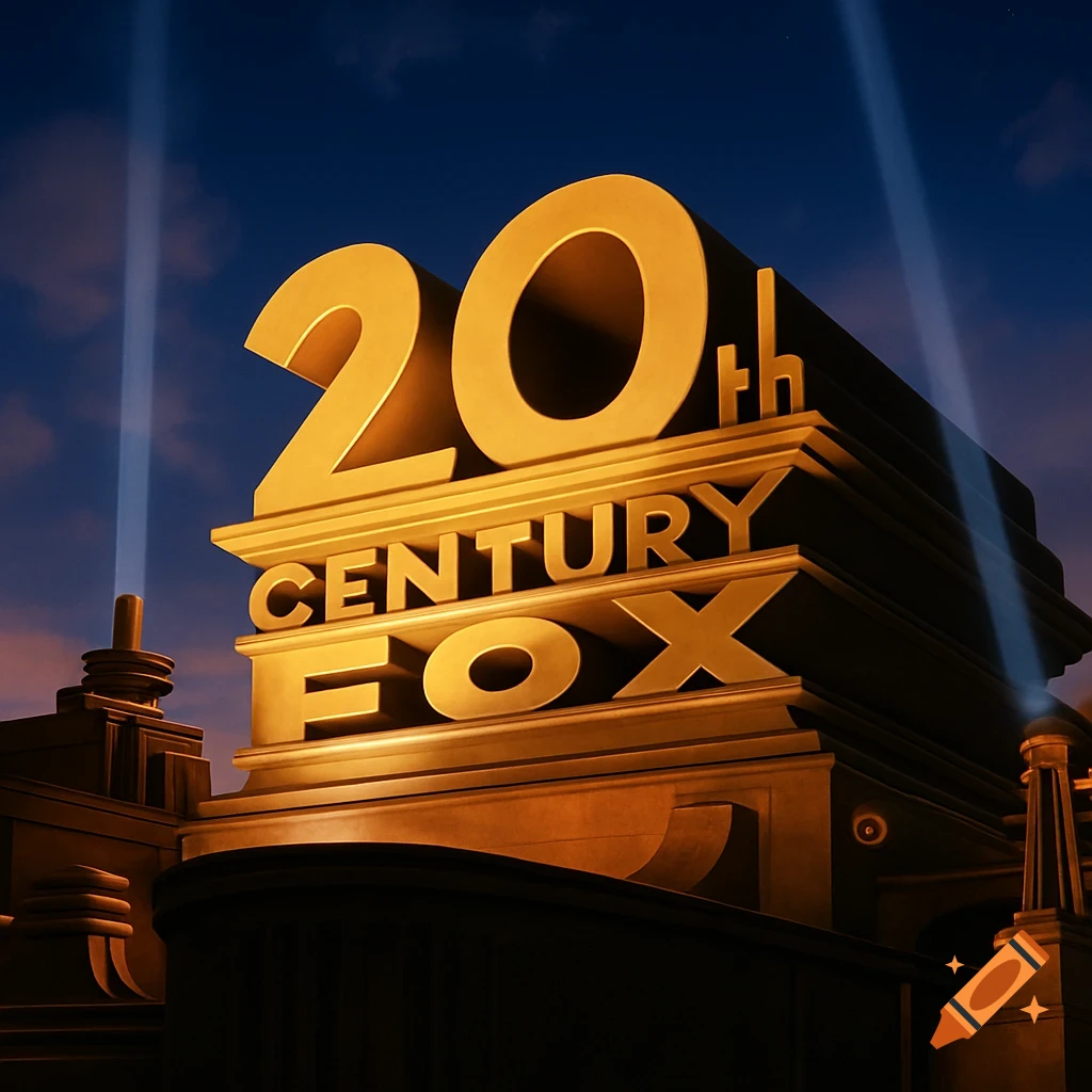 A dramatic, low-angle view of the golden 20th Century Fox logo against a dark blue sky with searchlights.