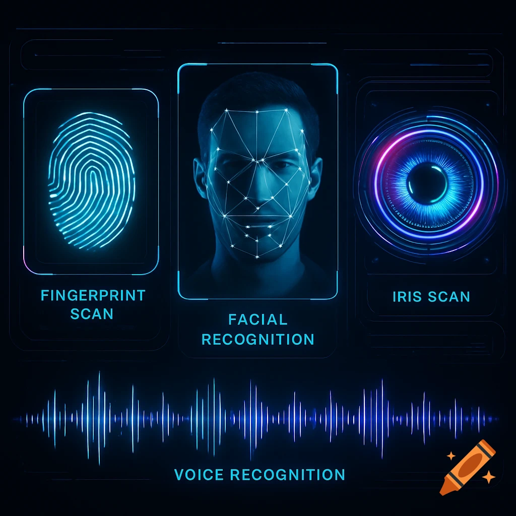 High-tech biometric security system interface displaying fingerprint, facial, iris, and voice recognition.