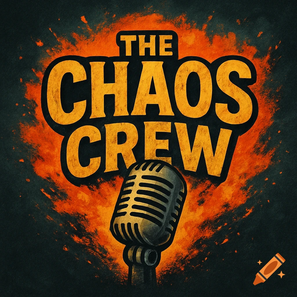 Logo for 'The Chaos Crew' podcast, featuring a vintage microphone and bold orange text against a dark, fiery background.