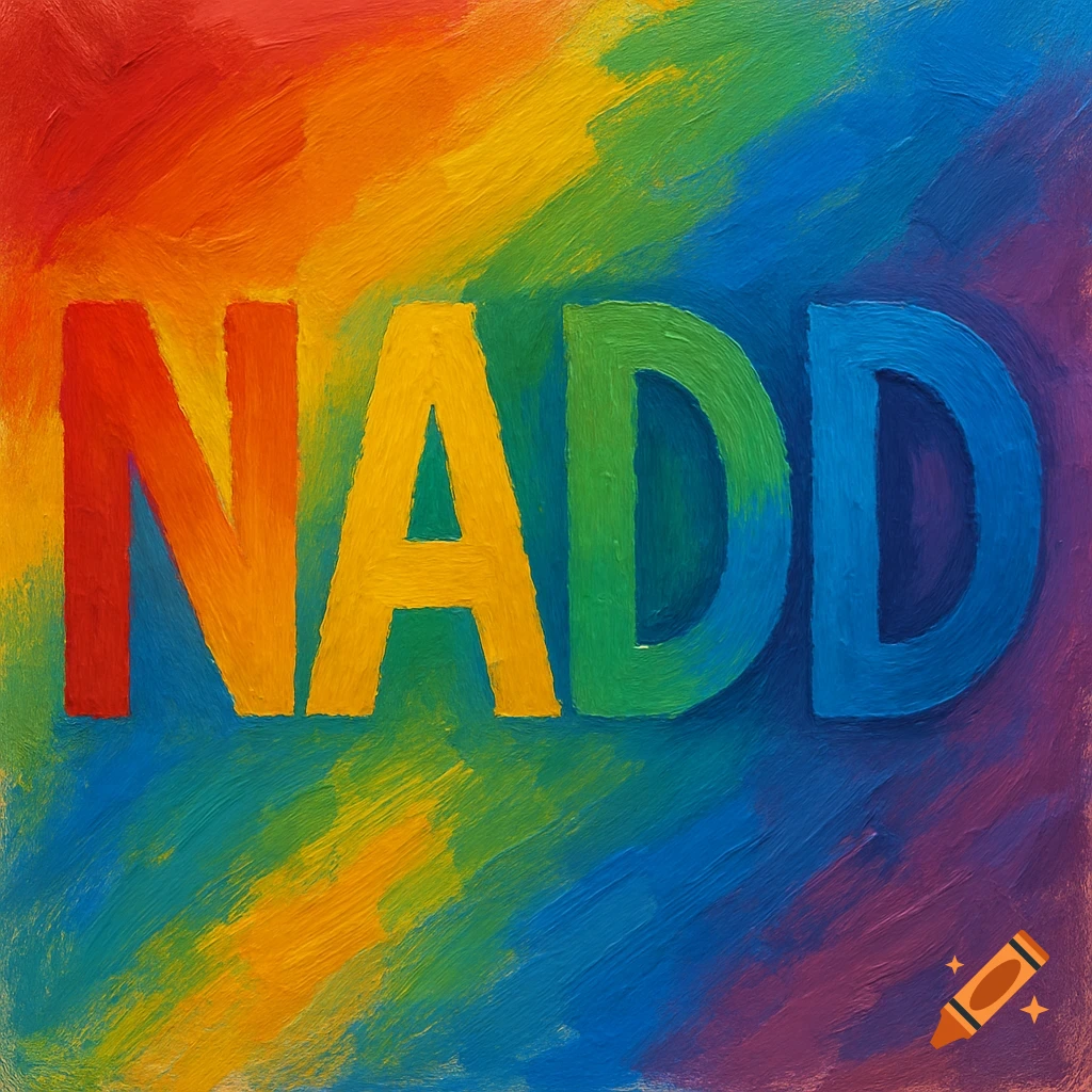 The acronym NADD in colorful rainbow block letters on a background with textured rainbow brushstrokes.
