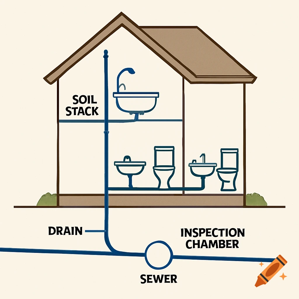 A diagram showing the internal plumbing and sewage system of a two-story house, including the soil stack, drain, inspection chamber, and sewer.